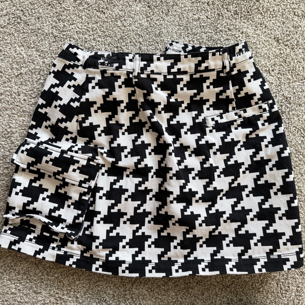 Adidas Black and White Houndstooth Denim Mini Skirt